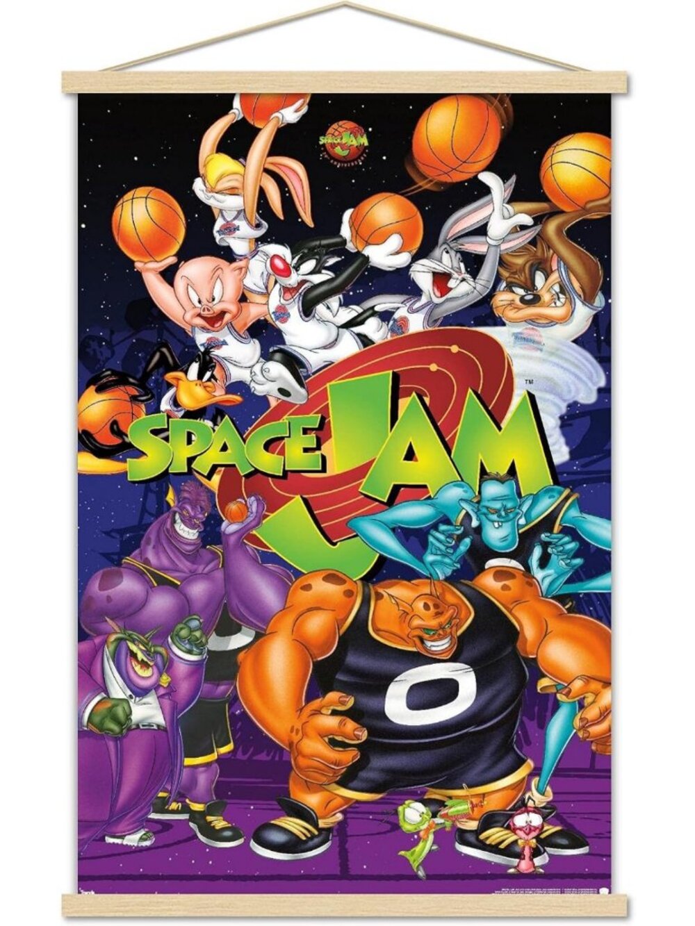 Looney Tunes Space Jam Collage Wall Poster with Magnetic Frame & Beechwood